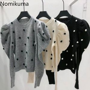 Nomikuma Çekin Femme O Boyun Puf Kol Polka Dot Kazak Kadın Rahat Tatlı Örme Kore Tarzı Kazak Tops 3E152 210514