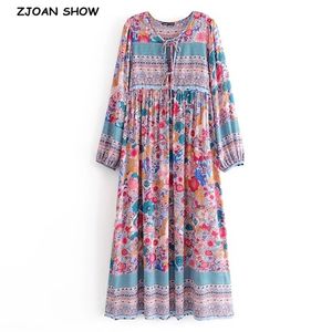 Höst Bohemian Lace Up V Halsplats Floral Print Maxi Lång Klänning Boho Hippie Kvinna Bandage Sleeve Klänningar Vestido 210429