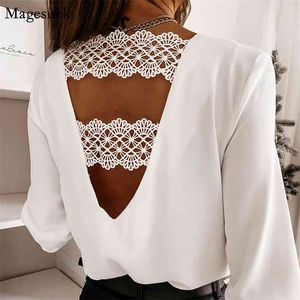 Primavera de manga comprida Crochet Lace Camisa Blusas Mulheres Casual Backless Sexy Tops V-Pescoço Branco Sólido Blusa Chiffon 12460 210512