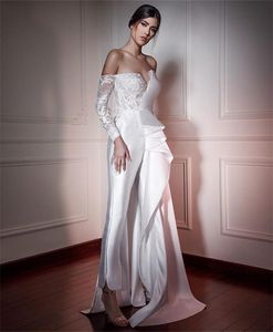 Abiti da sposa a sirena con tuta bianca e pantaloni Abiti da sposa Sweetheart Manica lunga Elegante con applicazioni di pizzo Vestido de novia