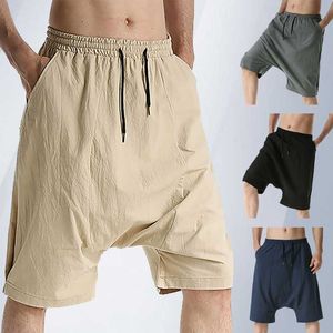 2021 Summer Men's New Fashion Harem Pants Male Pure Color Breathable Vintage Cotton Linen Pants Men's Loose Home Casual Shorts X0705