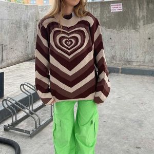 90s Vintage Heart Print Långärmad Loose Pullovers Y2K Estetiska Knitter Tröjor Kvinnor Höst Vinter Knitwear Streetwear Y0825