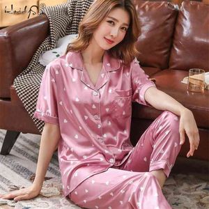 Women Satin Sleepwear Floral Silk Pajamas Set Short Sleeves Long Pants Sleep Suit Ladies Pyjamas korean home wear dress Nightwear Pj 210830