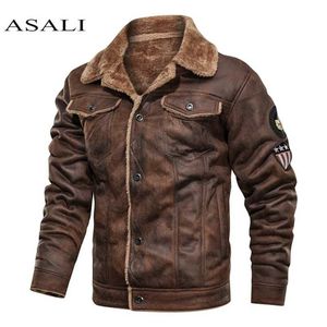 Men Old Fashioned Suede Leather Jackets Vintage Military Jacket Winter Coat Warm Casual PU Slim Fit Male Zipper 211126