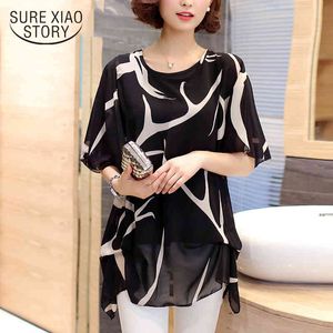 Short Sleeved Chiffon Shirt Woman Casual Fat MM Summer Baggy XL Print Female Coat Blouse over Size 60A 30 210508