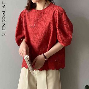 Hollow Out Red Pullover Blouse Women's Summer Round Neck Loose Puff Short Sleeve Vit skjorta Kvinna 5c865 210427