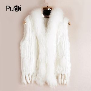 VR001 Womens Natural Real Rabbit Fur Vest med Raccoon Fur Collar Waistcoat / Jackor Rex Kanin Stickad Vinter 210927