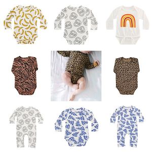 Bebê macacão unisex manga comprida bodysuit outono novo leopardo banana arco-íris padrão onesie infantil roupas de algodão 210413
