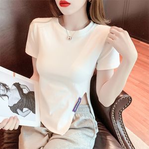 Matakawa 불규칙한 슬릿 짧은 소매 티셔츠 여성 여름 여성용 기질 탑 여성 Tshirts 210513에 대 한 한국어 슬림 티셔츠