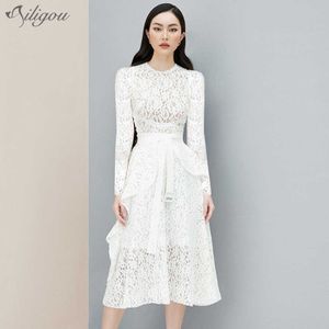 Summer And Retro Elegant Fashion Women'S Lace Runway Ruffled Sexy White Office Work Clothes Belt Long Dress 210527