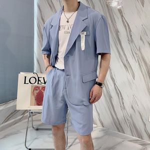 Herrespår 2 -stycken koreansk sommar kort ärmdräkt sätter mode två knappar lösa avslappnad tunn blazerjacka+shorts streetwear 2 colors
