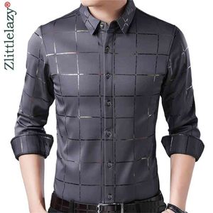 Märke Casual Spring Luxury Plaid Långärmad Slim Fit Men Tröja Streetwear Social Dress Skjortor Mens Fashions Jersey 2309 210626