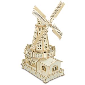 Blockpussellaserskärning DIY Dutch Windmills Sats Toys 3D Träpussel Leksaksmontering Modell Trähantverksdiskdekoration för barn