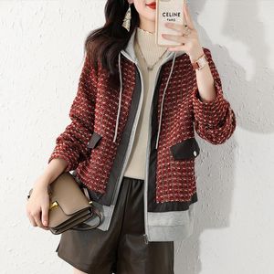 Kvinnorsullblandningar Vinter Mode Personlighet Små Fragrance Style Stitching Plaid Hooded Jacket 2021 Koreansk kappa