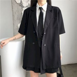 女性の黒いスーツの夏の薄いセクション韓国のバージョンルーズダブルブレストダーク半袖ジャケットのトレンド211122