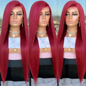Top selling Red Color Silky Straight Synthetic Wigs Lace Front Wig For Women Preplucked Soft With Baby Hair 180% Density