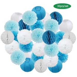 30 sztuk / zestaw Wakacje Festiwal Decor Blue White Paper Lantern 6 8 10 12 Baby Chrzcity Urodziny Party Favor Wiszące Tissue Pom 211015