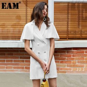 [EAM] Kadınlar Beyaz Kruvaze Bölünmüş Ortak Elbise Çentikli Kısa Kollu Gevşek Fit Moda İlkbahar Yaz 1U702 210512
