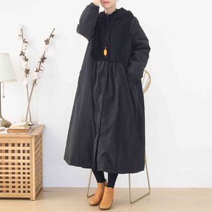 Johnature Donna Vintage Patchwork Parka con cappuccio Button Warm Winter Cappotti lunghi Nero manica lunga spessa Parka casual 210521