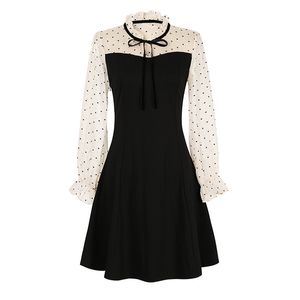 White Black Heart Chiffon Patchwork Bow Ruffle Long Sleeve Stand Collar A Line Dress Elegant Mini Female D1167 210514