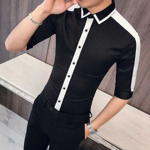 Fashion Spring Summer Half Sleeve Men Shirt Slim Fit Simple All Match Patchwork Color Night Club Prom Tuxedo Casual Blouses 210721