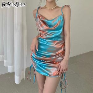 Tie Dye Print Satin Mini Dress Kvinnor Elegant Casual Drawstring Dresses Sommar Sexig Sling Club Party Prom Night Vintage Robe 210709