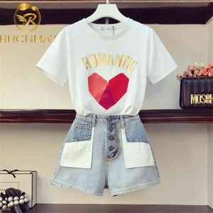 Summer 2 Piece Set Women 3D Love Letters Stampa T-shirt + Fake Pocket Jeans corti 2 pezzi Set di vestiti Abiti casual Abiti 210506