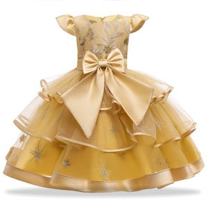 Toptan satış Tutu kızlar için elbise zarif dantel prenses çocuklar çocuklar akşam parti balo elbisesi 4 5 6 8 10 yıl sarı