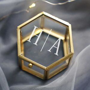 사용자 정의 개인화 된 빈 기하학 유리 보물 상자 약혼 반지 상자 골드 소박한 보석 상자 결혼 선물 X0710