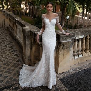 Mermaid Wedding Dresses Elegant Embroidery Lace Bridal Dresses Sexy V-neck Long Sleeve Sweep Train with Crystal