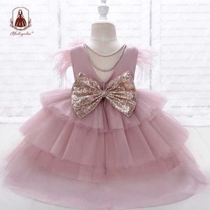 Yoliyolei Tiered Layers Tulle Dress Girl Gown Pearls Necklace V Back Design Holidays Wedding Clothes for Children Casual Q0716