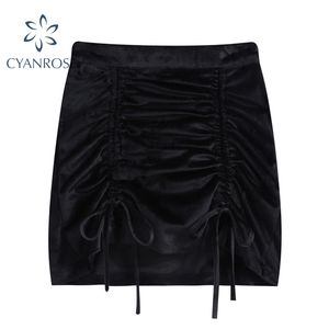 Draped Drawstring BodyCon Фланалевая Урожай Юбки Винтаж Обернут Сексуальная Тонкая тощая Юбка Черная Вечеринка Клубная одежда E-Girl OL Элегантная Одежда 210417