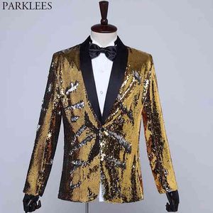 Luxury Gold Sequin Glitter Suit Jacket Män Sjal Krage 1 Knapp Mens Klänning Blazers Bröllopsfest Prom Stage Kläder för sångare 210522