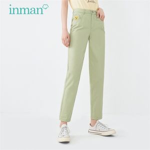 INMAN Green Causal Cropped Pant Pocket Tag Pattern Beige Casual Style Fit Shape Summer Comfortable Cotton Bottom Trousers 210915