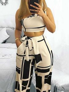 Women Two Pieces Sets Self Belted Crop Top&Pants Colorblock One Shoulder Cropped High Waist Wide Pants Set Y0625