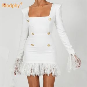 Spring White Elegant Bandage Dress Sexy Square Neck Long Sleeve Lace Bodycon Women Club Evening Party Mini 210527