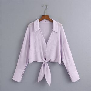 HSA Kobiety Lato Purple Bluzki Elegancki Koszulka z długim rękawem Koszulka V-Neck Topy Solid Color Button Chic Biuro Panie Bloust 210417