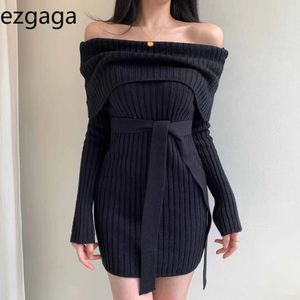 Ezgaga Sexy Slash шеи свитер платье женщины корейский вне плеча повязка на плеч тонкий талию с длинным рукавом вязание платье женское bodycon элегантный 210430