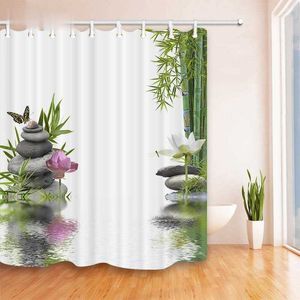 200x180 Banheiro Curtain Stone Bambu Água Fluxo Zen Meditação Impressão Poliéster Impermeável Duche Decoração Casa 210609