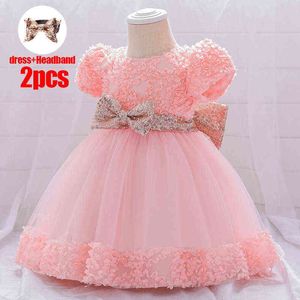 PLBBFZ Invia Headban Pink Paillettes Baby Girl Dress Primo compleanno Abito per ragazza Battesimo Big Bow Party Wedding Princess Dresse G1129