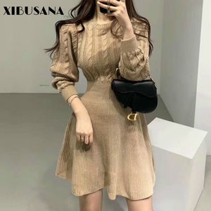 Chic Striped Elegant Women Knitted Dresses Spring Long Sleeve O-Neck Sexy Female Sweater Short Mini Dress Mujer Vestidos 210423