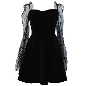 Transparent Mesh Velvet Mini Sexy Party Dress Kobiety Spring Flare Rękaw Krótki Czarny O Neck Empire D0973 210514