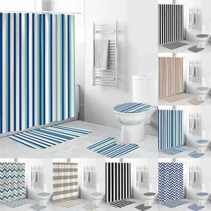 Duschvorhänge für Badezimmer, gestreift, Polyesterstoff, Vorhang, Marineblau und Blau, geometrisch, 4-teiliges Set mit weicher Toilettenvorlegerauflage