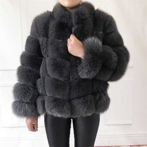 100% true fur coat Women's warm and stylish natural fox fur jacket vest Stand collar long sleeve leather coat Natural fur coats 210927