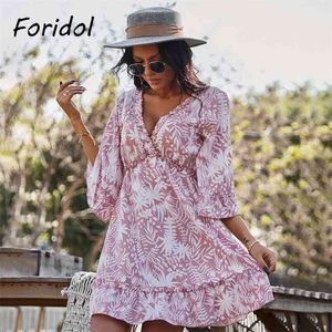 Foridol Leaf Print Sommar Rosa Klänning Kvinnor V Nacke Ruffle Backless Lace Up Short Beach Dress Boho Mini Holiday Dress 210415