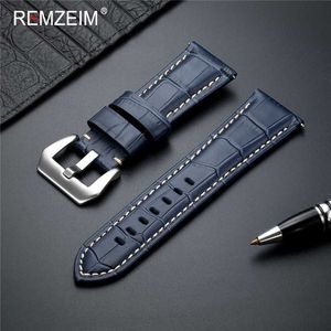 Remzeim New 20 22 24 26 мм Натуральные кожаные часы Band Brap Blaps Blue Bdand Watch Watch Bracte с твердой металлической пряжкой H0915