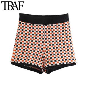 TRAF Mulheres Moda Jacquard Cheque Calções De Malha Alta Cintura Elástica Vintage Feminino Calças Curtas Mujer 210415