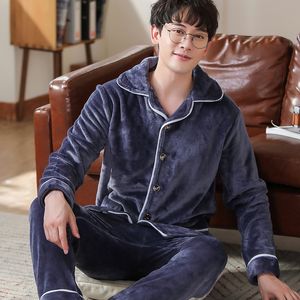 Flannel Mens Pajamas Set Manga Longa Soft Velvet Pijama Define Homens Oversize Espessura Quente Sleepwear Nightgown Casual Roupas Casuais 210524