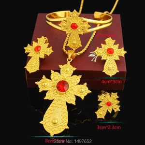 Neueste Stein Äthiopisches Kreuz Set Schmuck 24k Gold Farbe Schmuck African Dubai Braut Nigeria Hochzeit Sets H1022