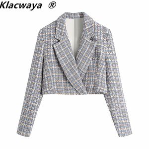 Frauen Mode Versteckte Taste Tweed Abgeschnitten Blazer Mantel Vintage Lange Hülse Weibliche Oberbekleidung Chic Veste Femme 210521